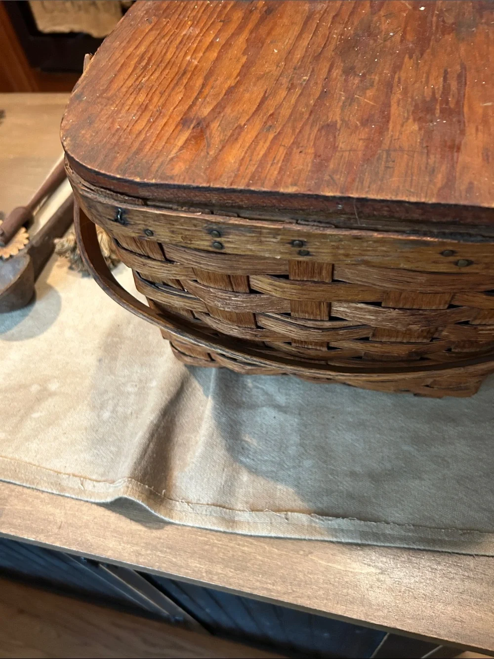 Woven Wood Picnic Basket with Hinged Wooden Lid - Brown